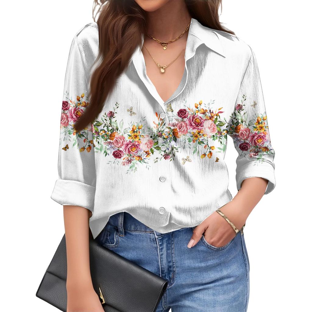 Women's Fashionable Casual Loose Floral Print Long,sleeved Shirt