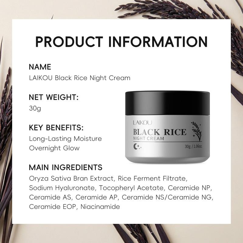 LAIKOU Black Rice Night Cream 30g - Overnight Moisturizing Face Cream with Ceramides & Niacinamide for Glowing, Hydrated Skin