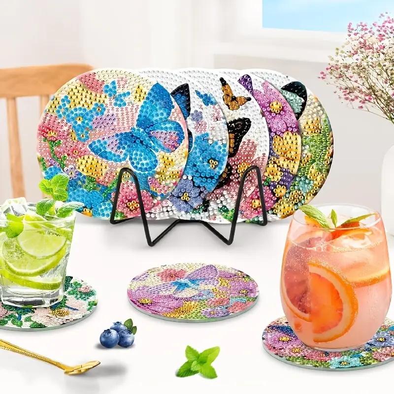 8 Pieces/set of Diamond Butterfly Patterned Coasters, DIY Coasters with Holder, Suitable for Beginners and Adults, Art and Craft Supplies Gifts