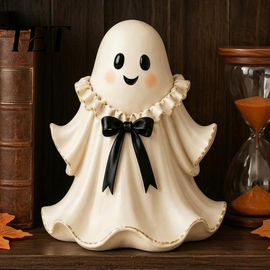 Retro Style Ghost Statue Halloween Resin Figurine with Wicker Basket, Cute Tabletop Holiday Party Table Centerpiece Decor, Ornament Organizer