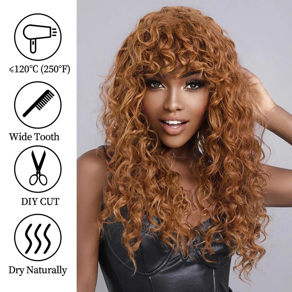 Rotbraune lange lockige Damenperücke mit Pony, hitzebeständige synthetische Perücken, flauschige natürliche Perücken, Fransen, weiches Haar, Party, täglicher Gebrauch