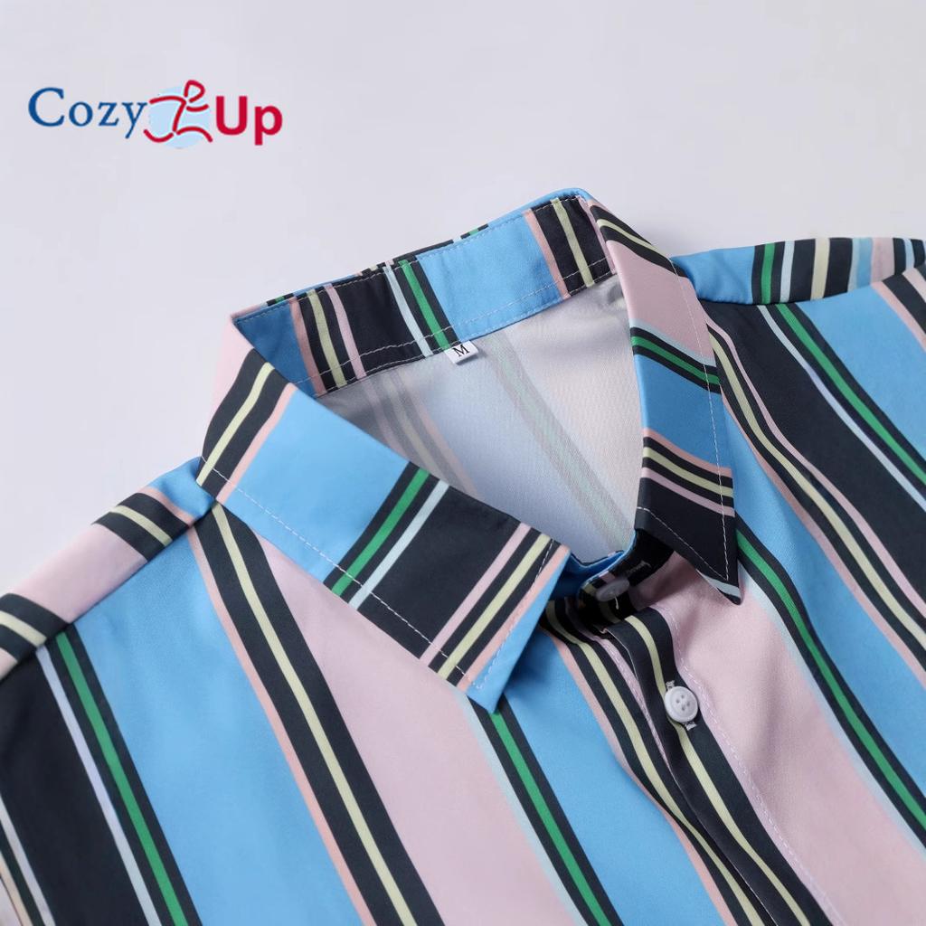 Men's Short Sleeved Shirt with Lake Blue, Black and Pink Stripe Print Shirt for Men Summer Casual Wear