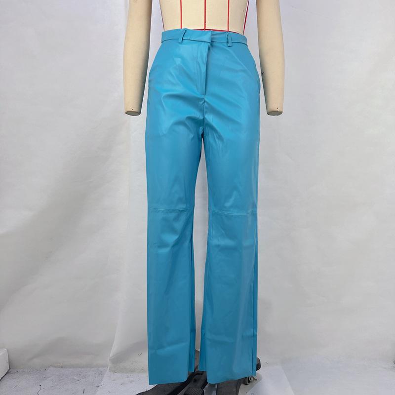 Nuovi Pantaloni da Donna in Ecopelle PU, Vita Media, Effetto Solleva Glutei, Gamba Dritta, per la Moda Autunnale, Pantaloni Lunghi Casual in Finta Pelle per l'Uso Quotidiano