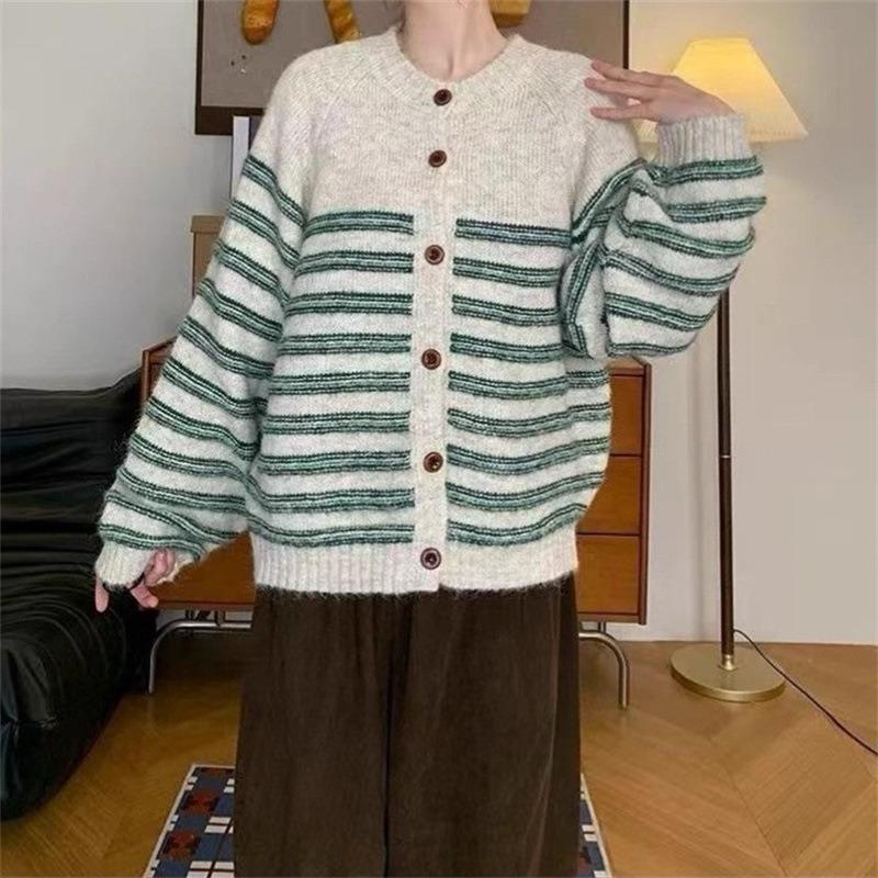 Lazy Wind Retro Striped Crew Neck Sweater Jacket Women's Autumn and Winter New Loose Knitted Cardigan Top Thick