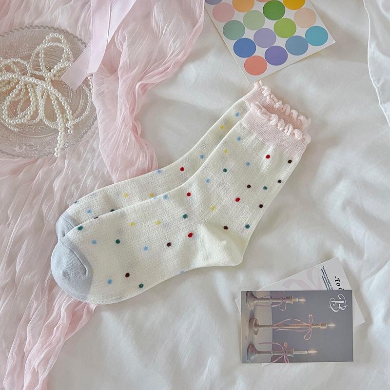 

5pair Spring And Summer Cute Socks Women S White Pink Japanese Polka Dot Girls Socks Bow Lace Mid-Tube Socks One size fits all