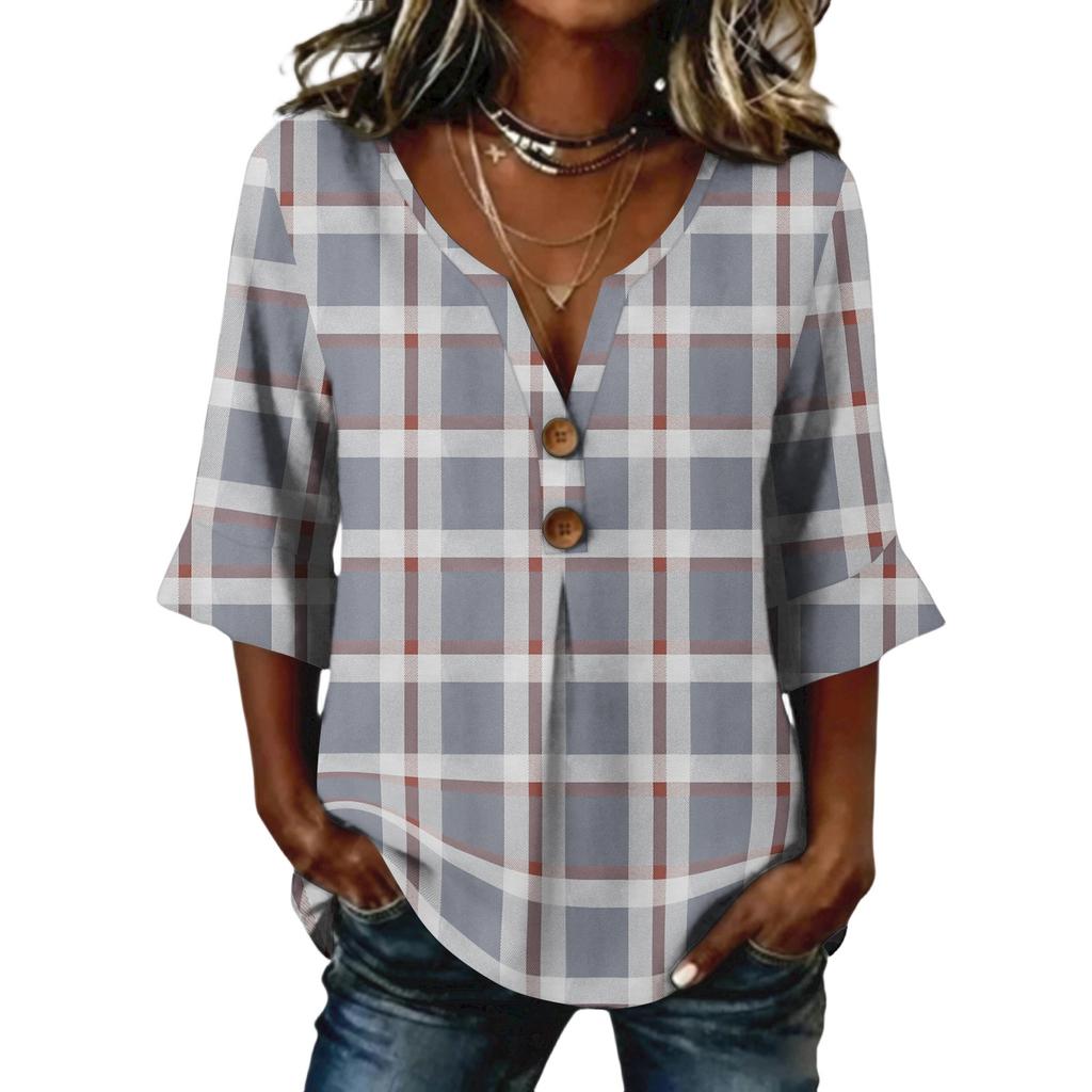 Ladies' plaid printed button casual V-neck fashionable seven quarter sleeve top