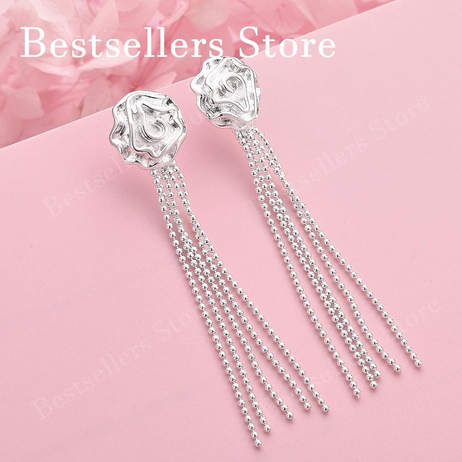 Charming 925 Sterling Silver Exquisite Tassel Rose Flower Earrings for Women Fashion Wedding Jewelry Party Gifts