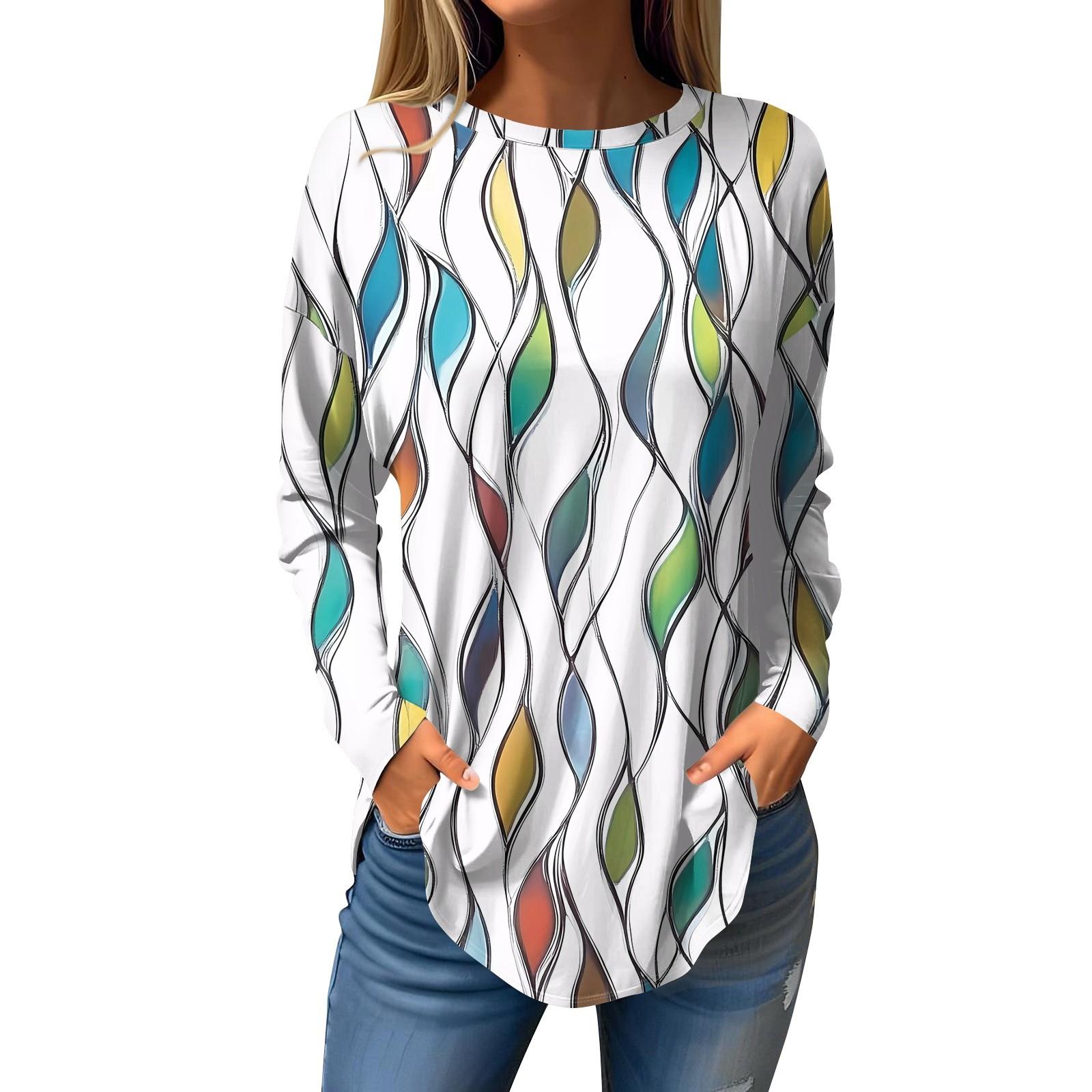 

Women s Loose Round Neck Print Long Sleeve T-Shirt Top Pullover L зелений