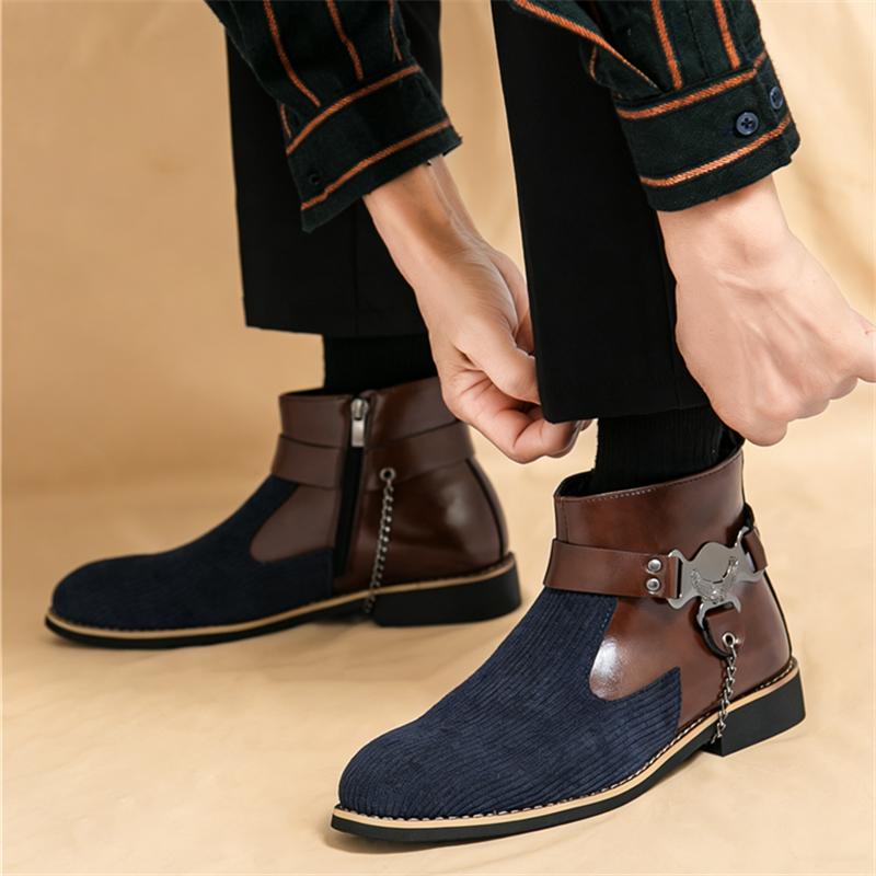New Trend Designer Men's Pointed Mixed Patchwork Ankle Boots British Fashion Botas Casual Luxury High-top Punk Rock Shoes