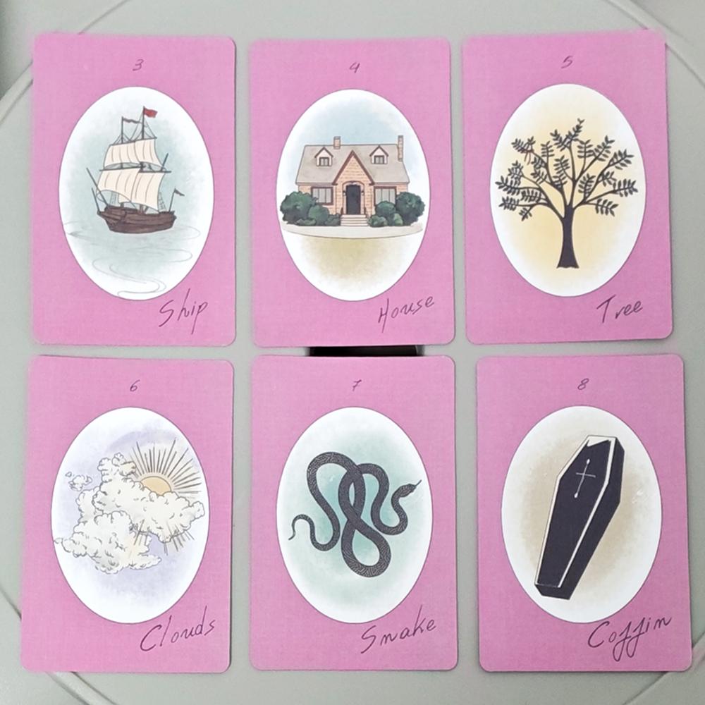Karty Lenormand Stuha 36 ks Lenormandové karty 9*6cm V štýlovom matnom ružovo-fialovom prevedení s matným povrchom