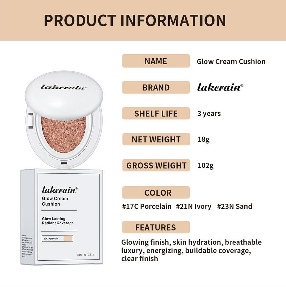 Glow Cream Cushion Foundation Hydrating 24H Long Lasting Moisturizer Natural Light Coverage Radiant Skin Finish Daily Portable Face Makeup Cosmetic