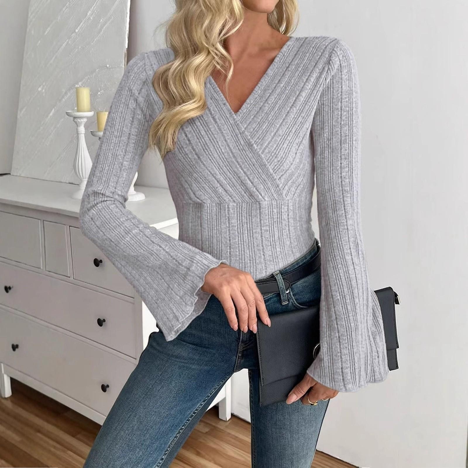 

Полосатая футболка с рукавами-трубами и V-образным вырезом, повседневный женский топ XL светло-серый