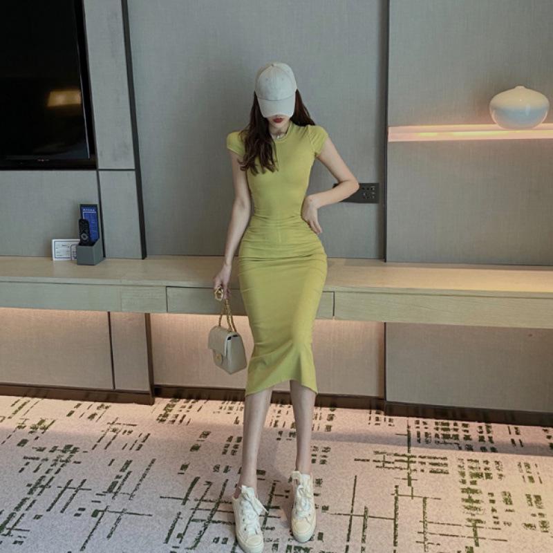 Hong Kong Style Slim-Fit Hip-Hugging Elegant Summer Dress - Short-Sleeved, Waist-Cinching, Sexy and Flattering for Women