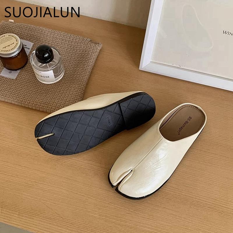 Fashion SUOJIALUN 2025 Spring New Women Slipper Fashion Flat Heel Slip On Mules Shoes  Split Toe Shallow Slip On Casual Slides Shoes