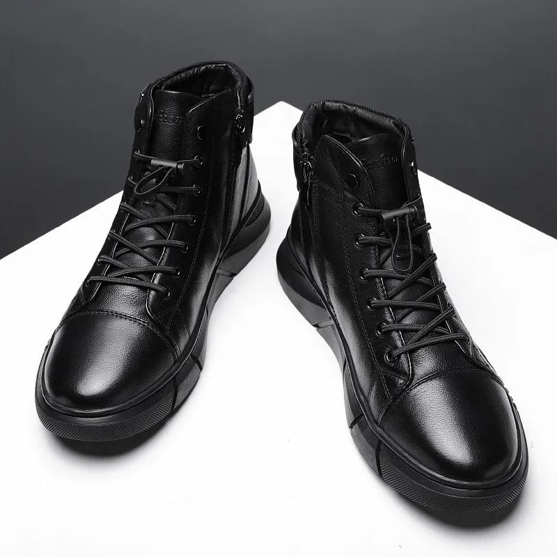 

Black Ankle Boots Men Soft Bottom Elastic Band Pu Leather High Casual Shoes for Men Comfort Platform Boot Winter Fur Boots Botas 44 чёрный