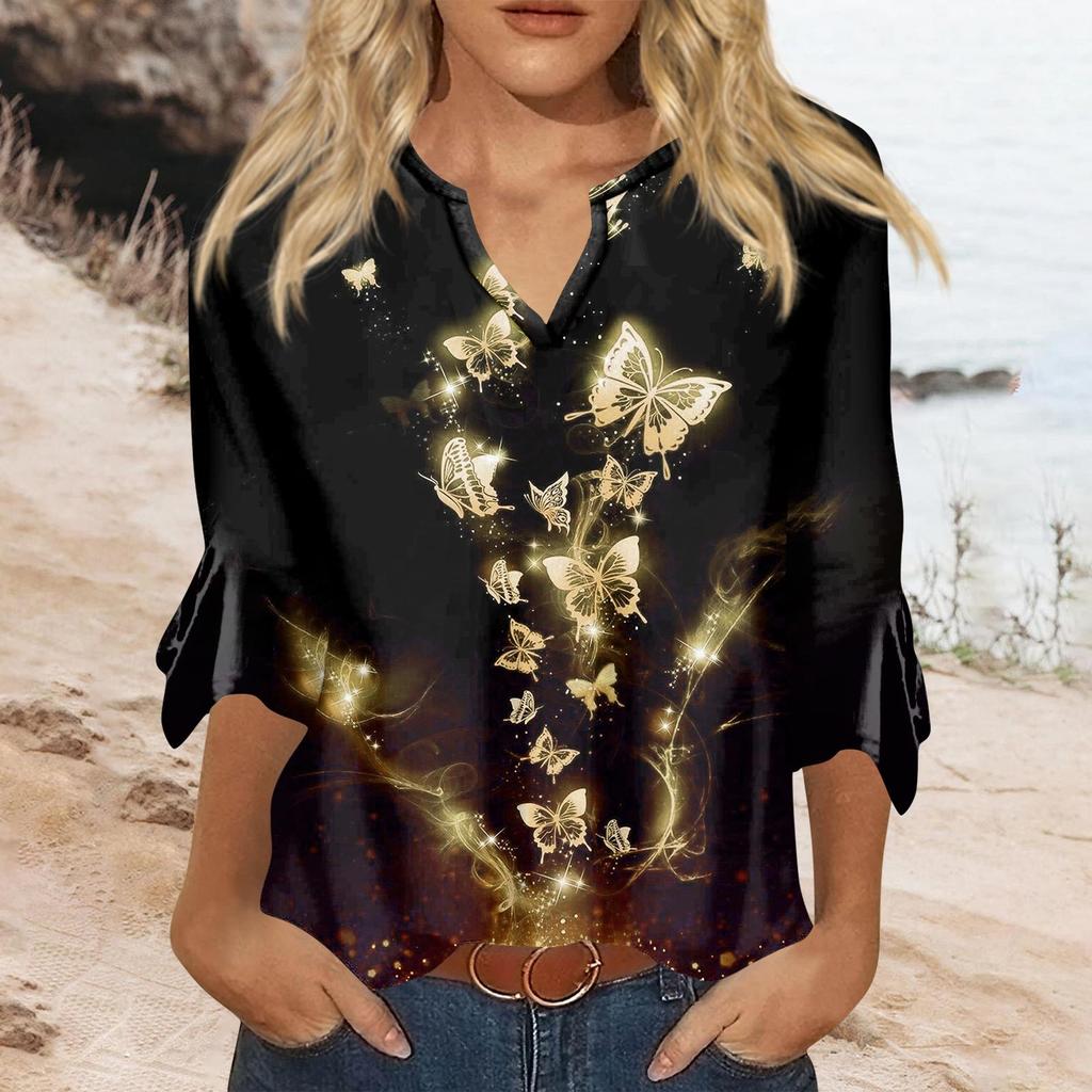 3/4 Sleeve Shirts For Women Pattern Print Graphic Tees Blouses Casual Plus Size Basic Tops Pullover