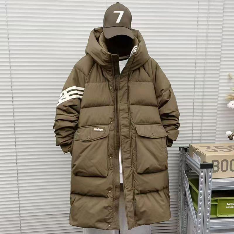 

Men s 2024 Winter Trendy Striped Mid-Length Down Jacket 2XL (Recommended 160-175 cm) кавовий