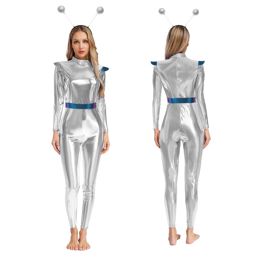 S-3XL Womens Alien Robot Astronaut Cosplay Jumpsuit with Headwear Long Sleeve Full-body Metallic Shiny Unitard for Halloween Theme Party