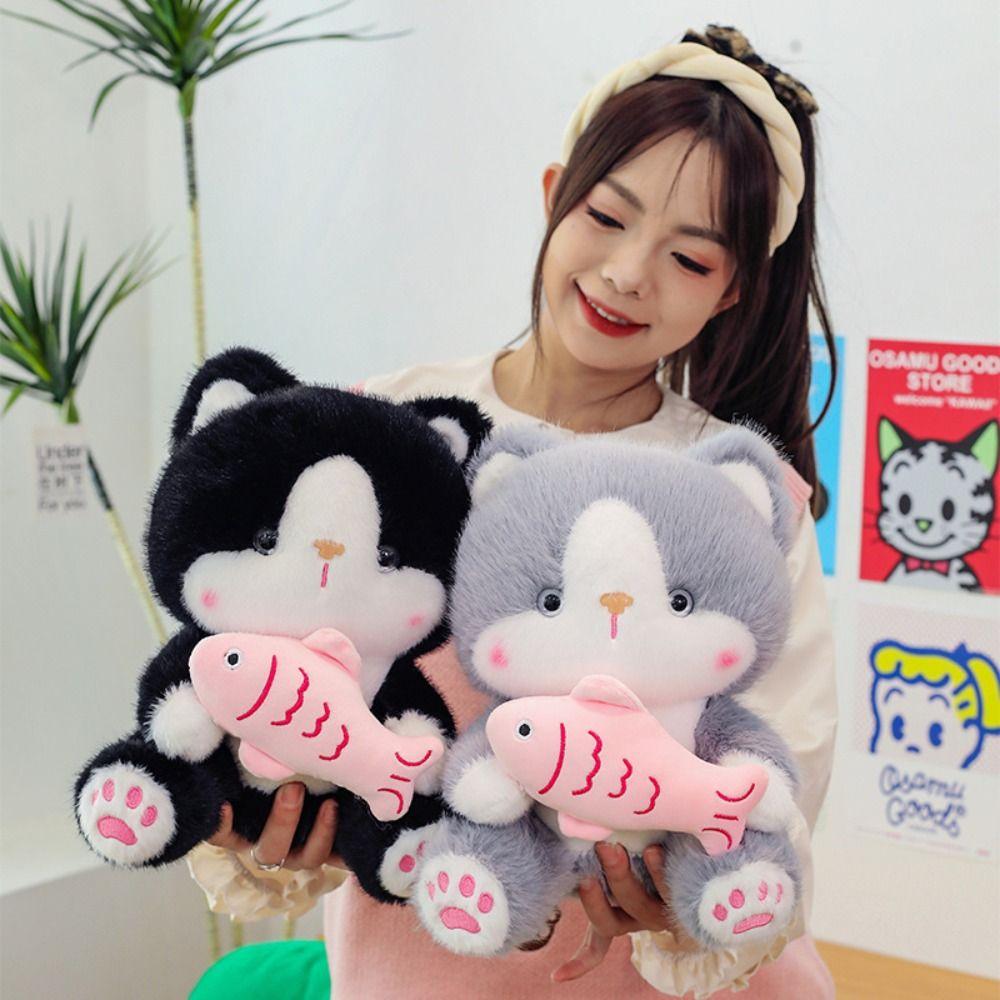 Stuffed Doll Cat Plush Toy Sitting Position Black Gray Kitty Dolls  Kids Birthday Christmas