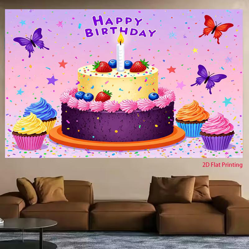 2D Happy Birthday Themed Backdrop, Cake, Cupcakes and Butterflies for Sweet Birthday Celebrations