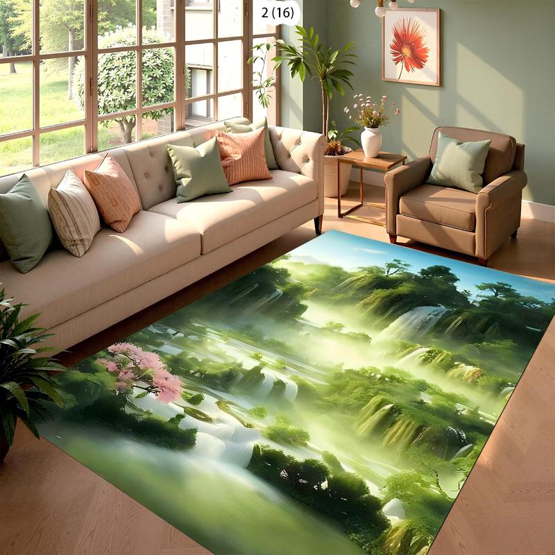 Rugs Teal Mist Forest Tiered Waterfall Rug Carpet Mat Non-Slip for Living Room Bedroom Serene Home Decor