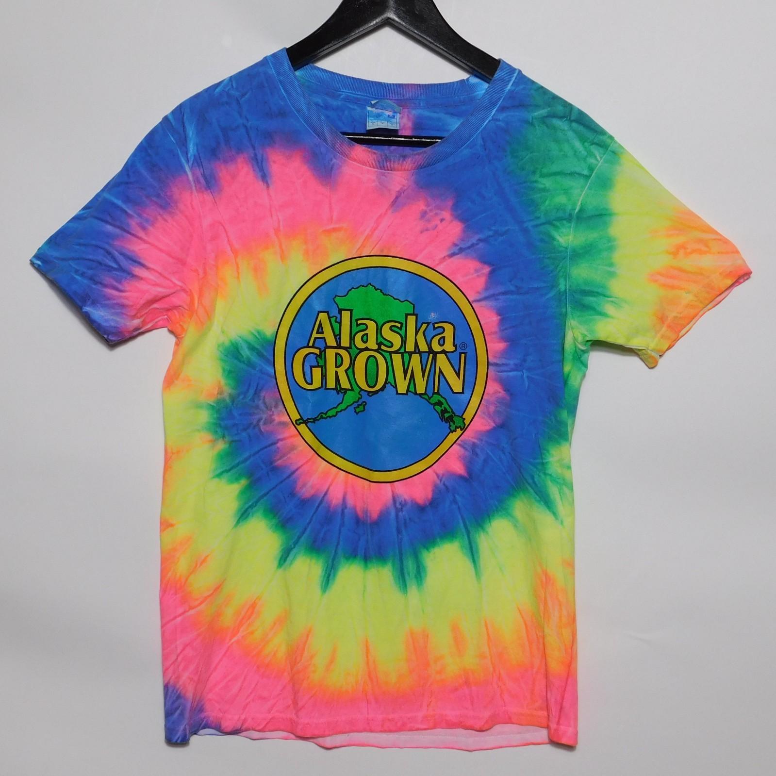 Vintage 1990s ALASKA GROWN Colorful Tie Dye Graphic Yazbek T Shirt Men s M XXXL
