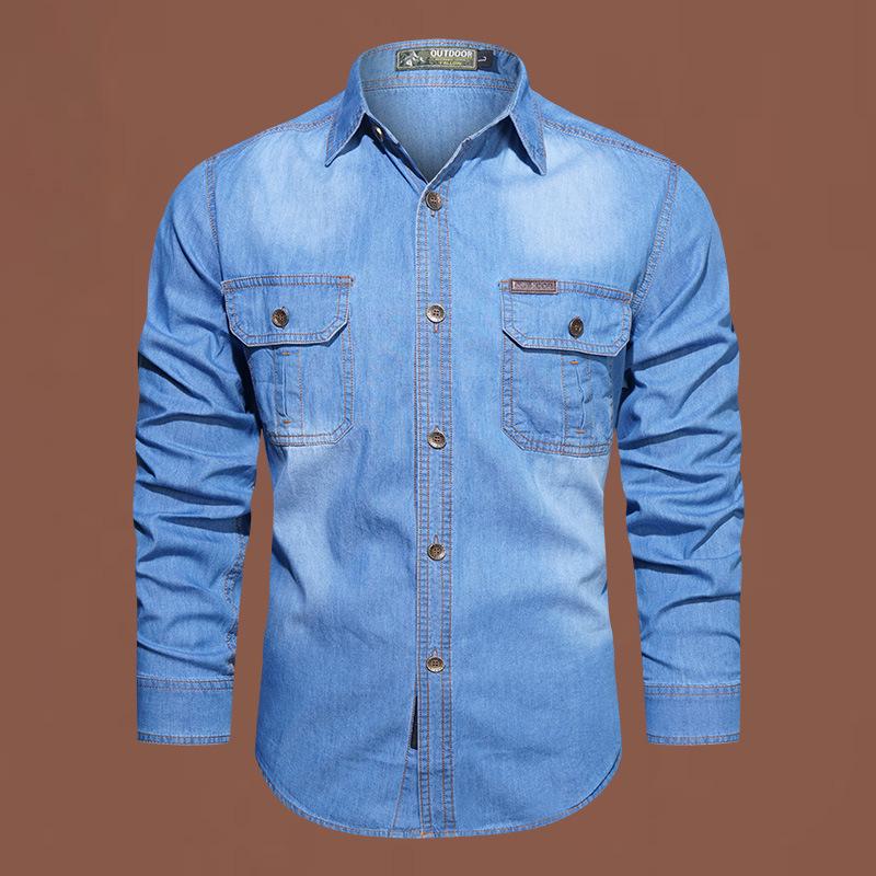 Men's Casual Washed Denim Long Sleeve Shirt - Pure Cotton and Bamboo Blend