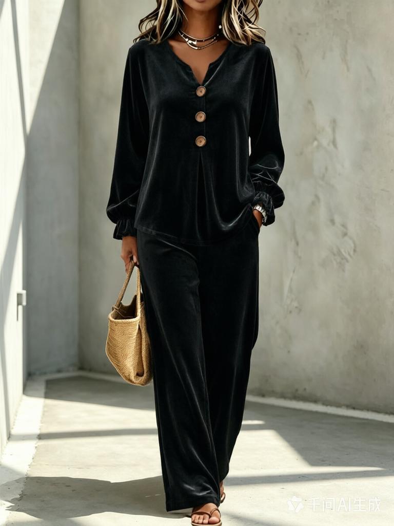European and American TK Women's New Velvet Casual Button V-neck Long-sleeved Top and Trousers Two-piece Set