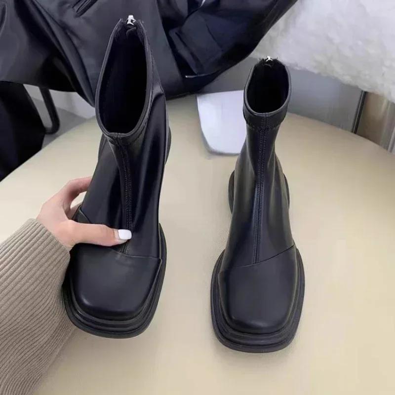 2025 Autumn/Winter New Fashion Flat Round Head Splice Back Zipper Thick Bottom Anti Slip Casual Warm Women's Short Boots