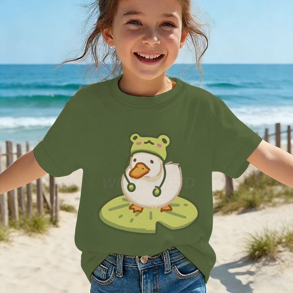 Duck In Frog Hat Cartoon Tshirts for Girl Boy Cute Duck Graphic Casual Tops Kawaii Animal Tee Cute Duck Design Toddler Wear