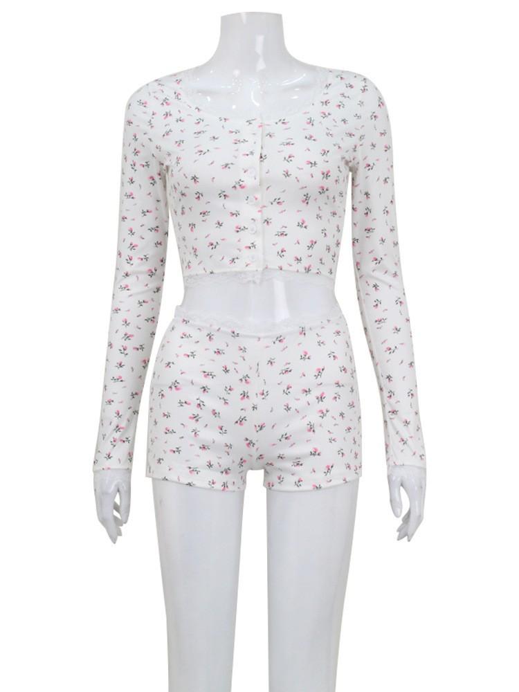 Women's Floral Print Round Neck Tight Long-sleeved Top Shorts Pajama Set