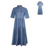 Women Denim Dress Short Sleeve Single-breasted Turn Down Collar Pockets Loose Maxi