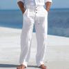 Herren Baumwoll-Leinenhose Knopf Dekorative Kordel Sommer Strandhose Gerade Einfarbig Atmungsaktive Hose