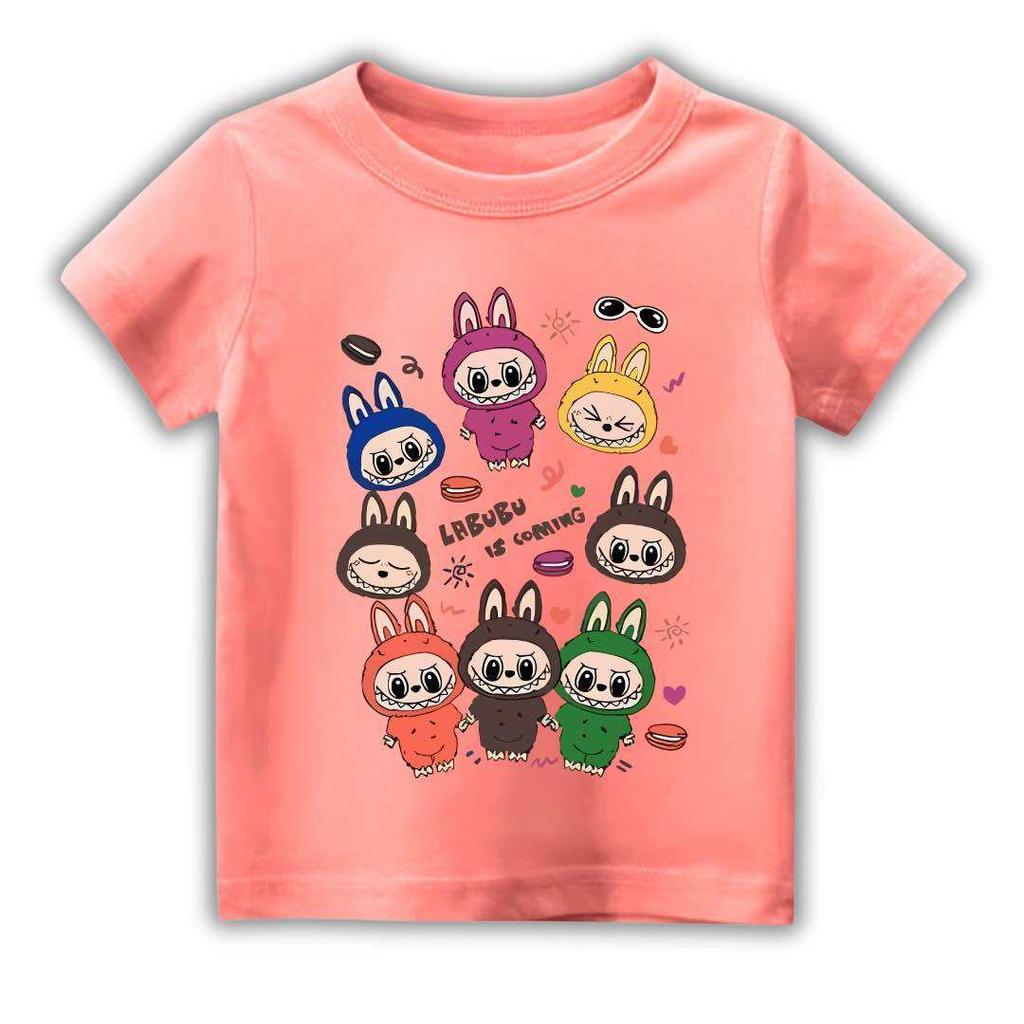 2025 New Children's T-shirt Cartoon Style Multiple LABUBU Printed Round Neck Short Sleeve Casual Girls' Top