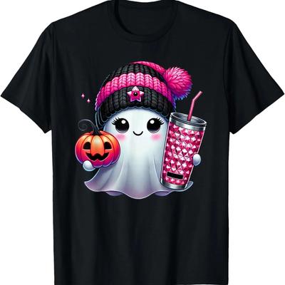 Cute Ghost Drinking Coffee Halloween Ghost Ice Coffee Womens T-Shirt