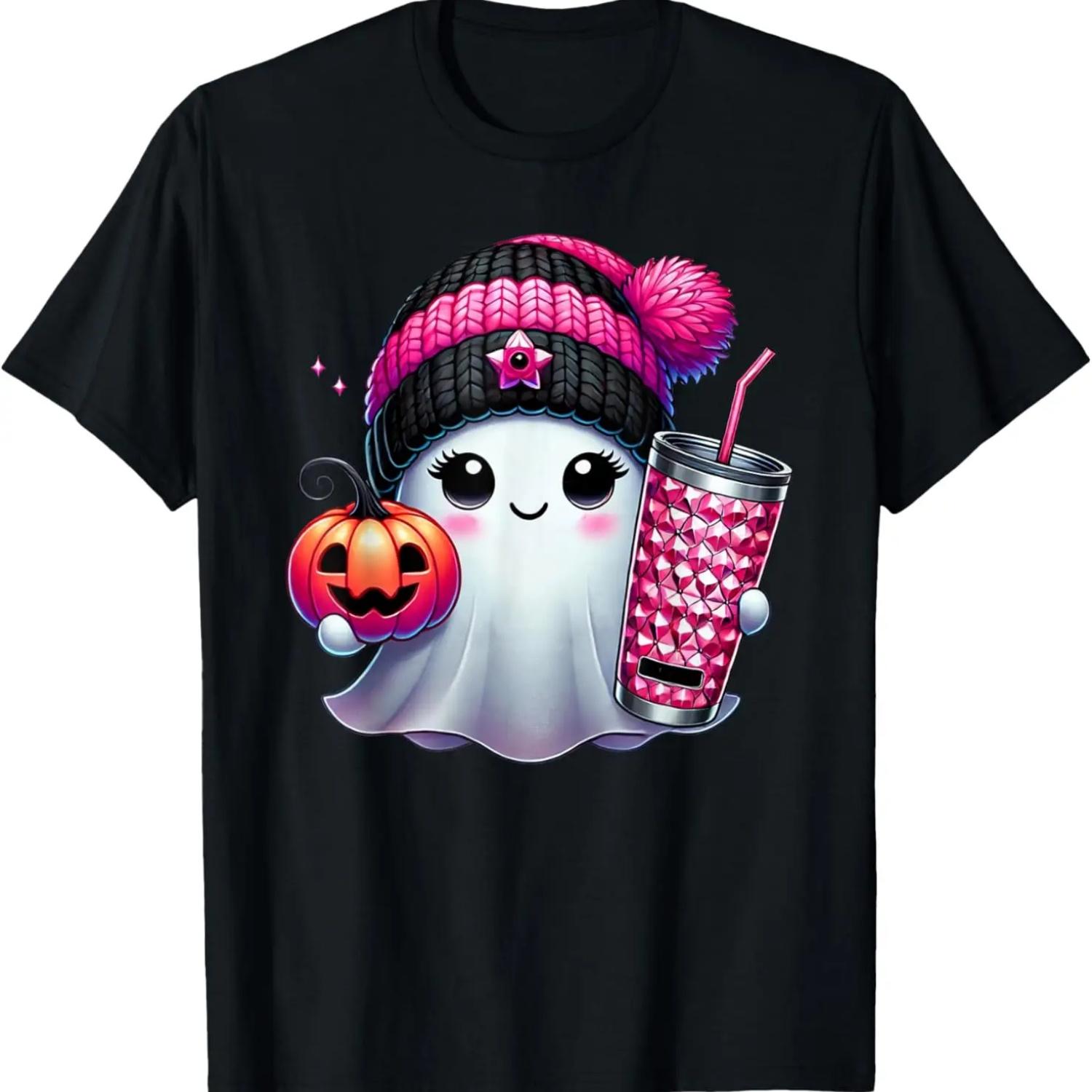 Cute Ghost Drinking Coffee Halloween Ghost Ice Coffee Womens T-Shirt S