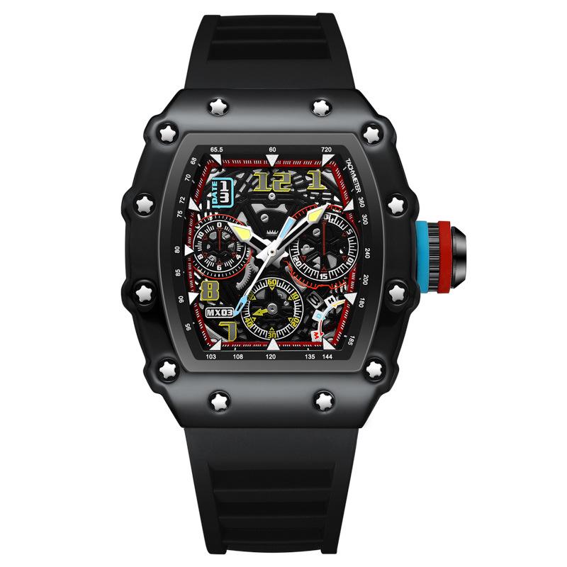 Men's Richard Luminous Calendar Wine Barrel Watch, Hollowed-Out Design, Trendy Mechanical Look