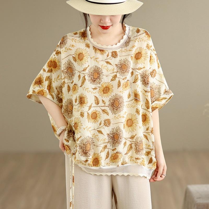 Short sleeve Oversized vintage floral Casual loose t shirt tops Women summer t-shirt