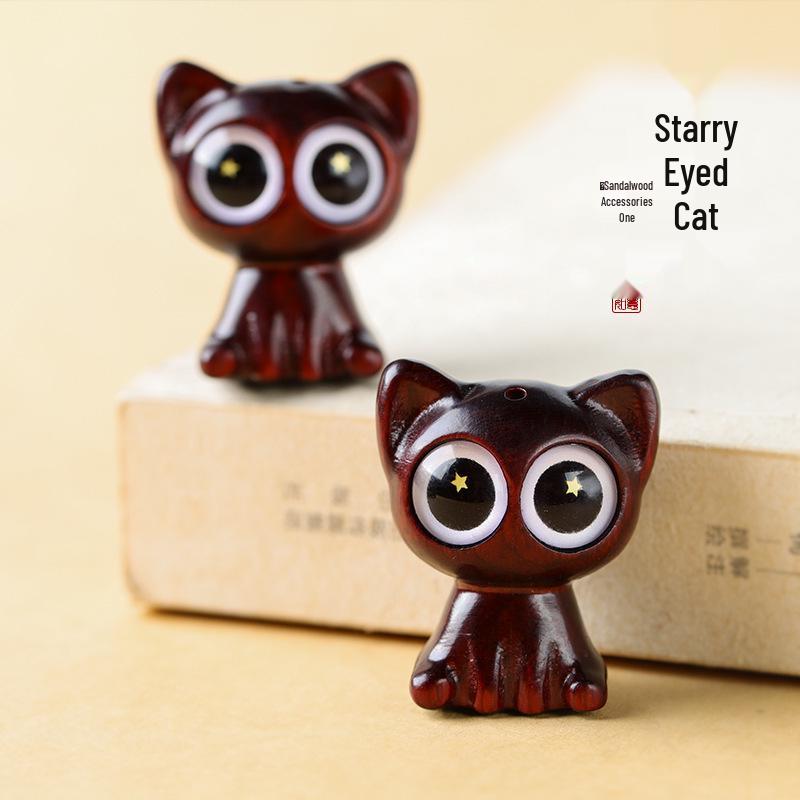 Rosewood Starry-Eyed Cat Keychain Charm - Creative Wood Carving Pendant for Phone and Bag Accessory
