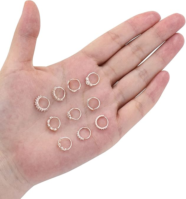 10Pcs Nose Ring Hoop Paved Flower Leaf Feather CZ Cartilage Earrings Nose Piercing Jewelry for Women Men Gold Tone 20G