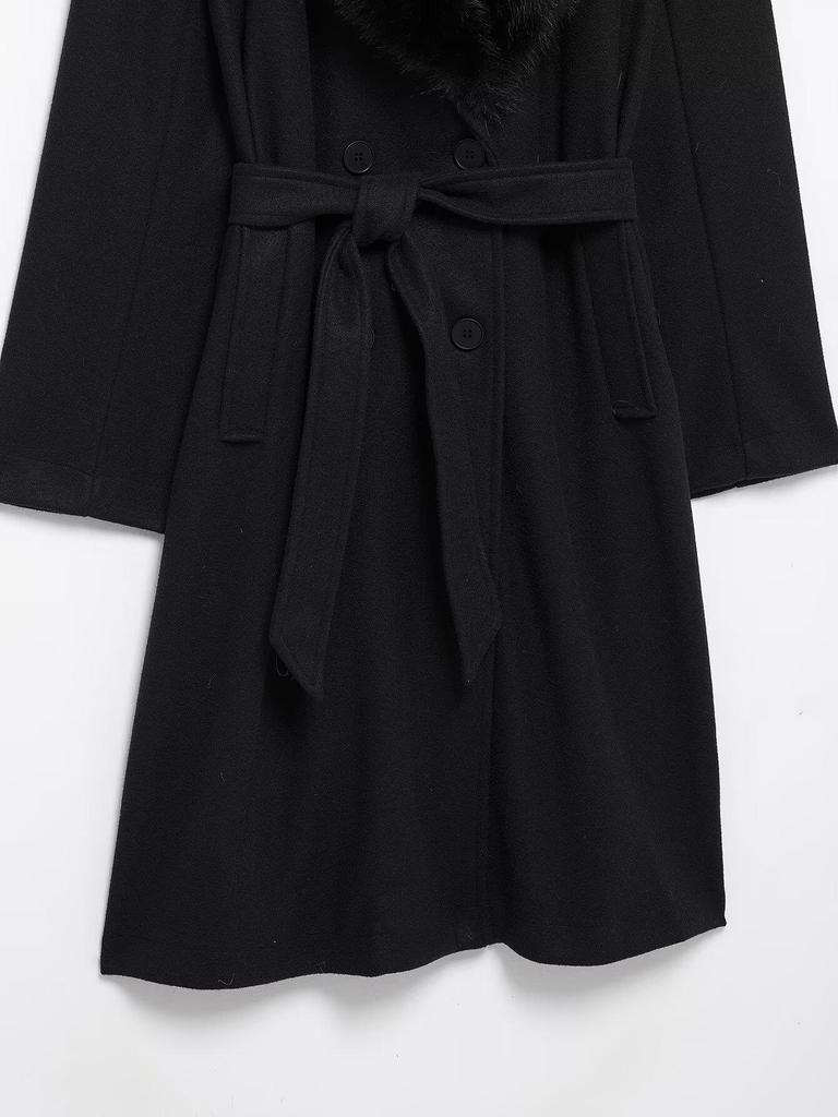 Spring 2025 Women's European & American Faux Fur Belted Lapel Overcoat 