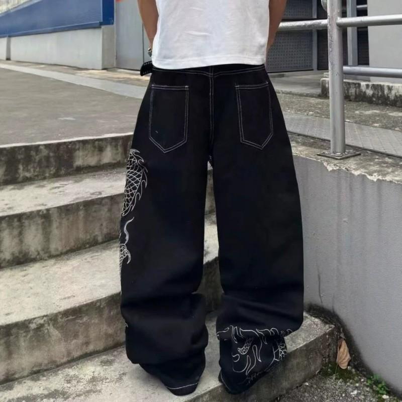 Mens High-Waisted Straight Leg Denim Jeans 2026 Vintage Dragon Tiger Print Casual Wear