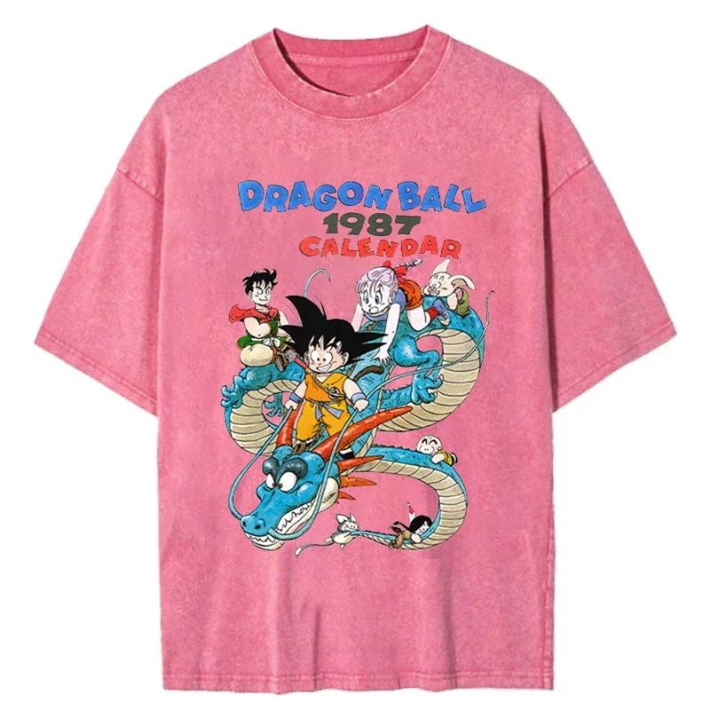 Harajuku Streetwear Men Fashion Oversized Vintage T Shirt Japanese Anime Dragon Ball Washed Tshirt Summer Cotton Pink Top Tees
