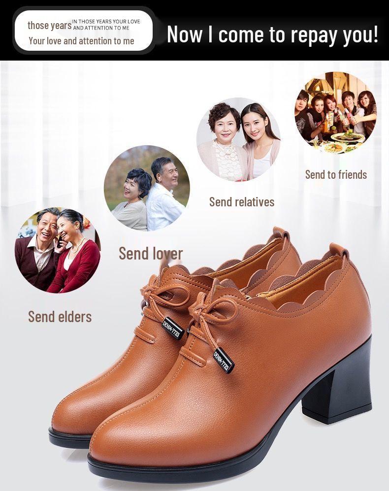 Spring 2023 Leather Bow Mid-Heel Shoes for Women
