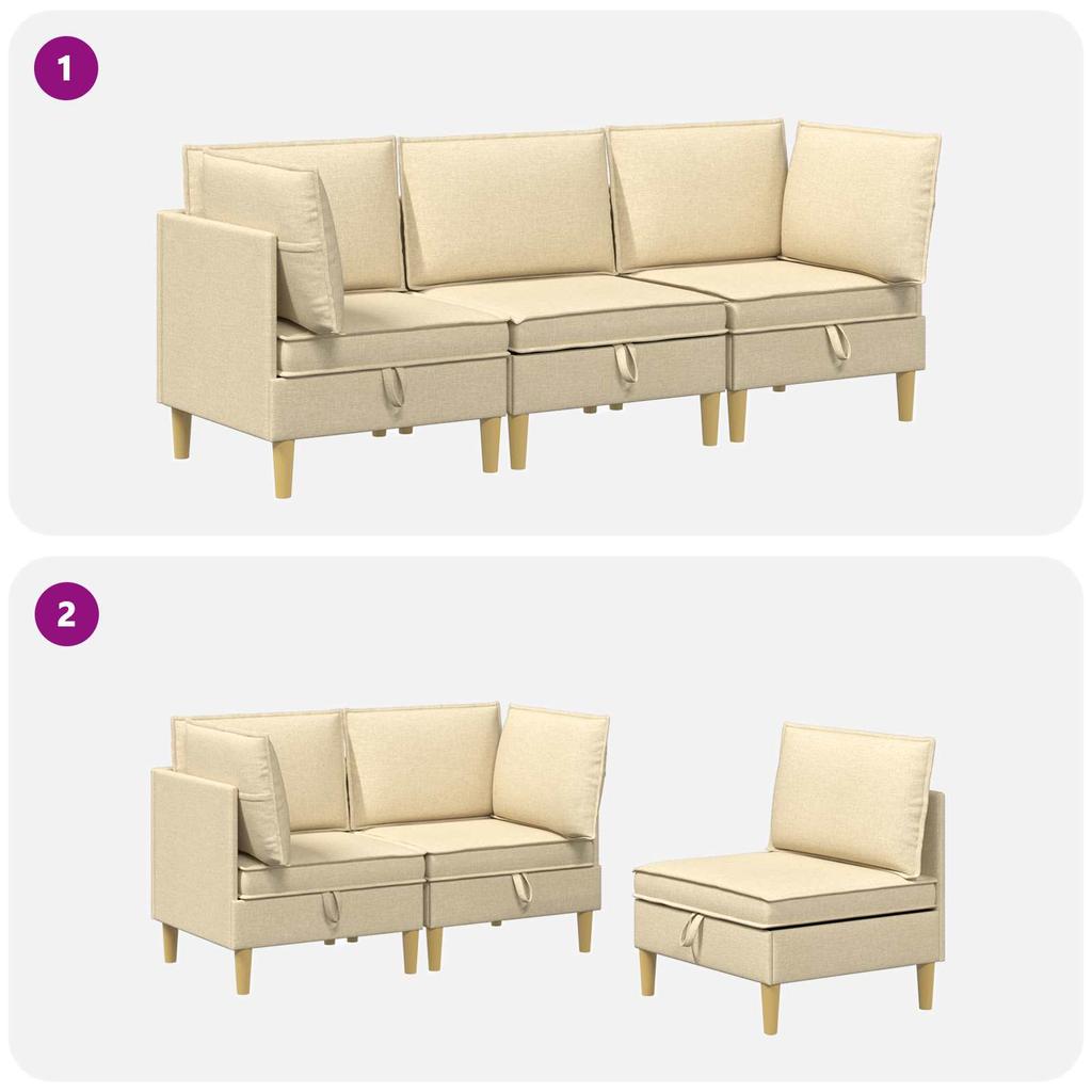 Modular Sofa Set with Storage Space 3 Pcs Cream Fabric