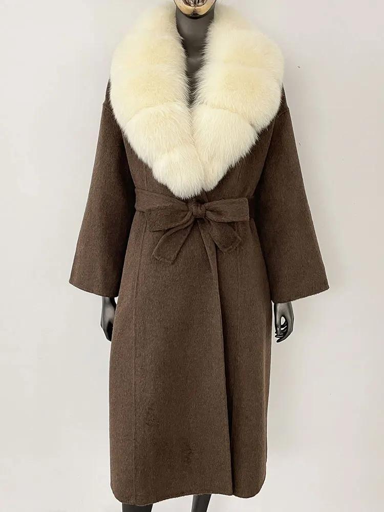 OFTBUY Kabát z pravé kožešiny 2024 Nadměrný dámský svrchní oděv Zimní dámská bunda s límcem z přírodní liščí kožešiny Kapuce Kašmírová vlněná směs Kabát
