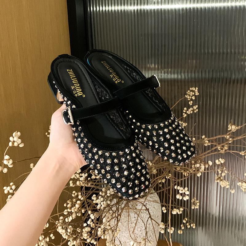 

2025 лето новые туфли с квадратным носком на толстом каблуке средней высоты сетка стразы женские туфли полусабо универсальные обувь больших размеров оптом 43 чёрный