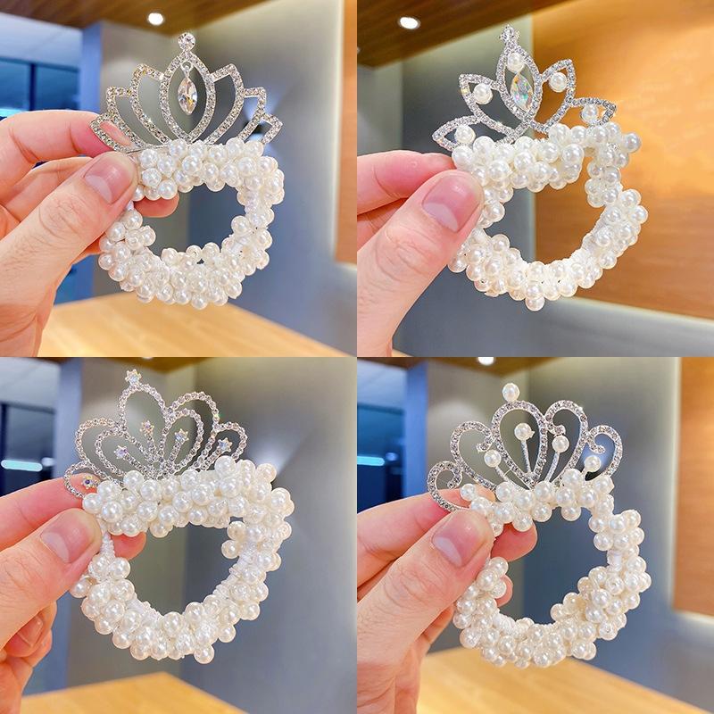 Baby Girls Fashion Pearl Crown Princess Hair Bands Elastic Rubber Bands Children Ball Hair Bun Ties Hair Styling Accessories