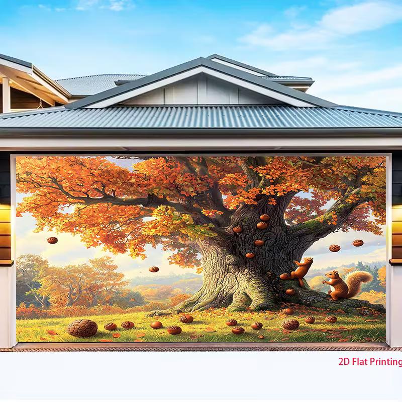 2D Fall Forest Backdrop, Autumn Oak Tree with Squirrels Background for Harvest Festival Decor