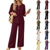 Women’s Casual Two Piece Outfit Seven Sleeve Button Top and Wide Leg Pants Set for Everyday Comfort and Relaxed Style